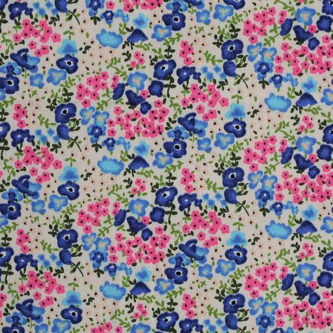 Tessuto twill fiori blu e rosa