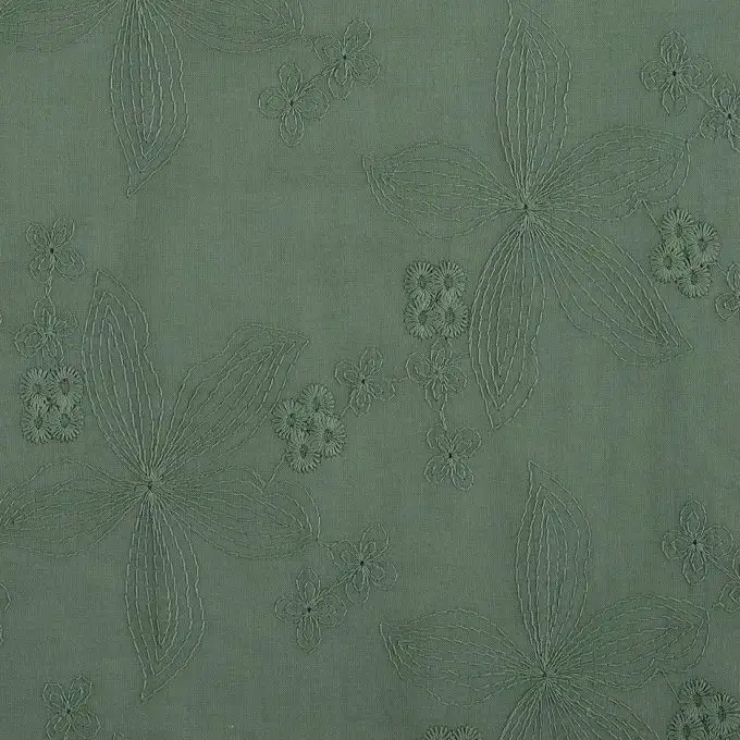 Tessuto voile di cotone ricamato fiori kaki