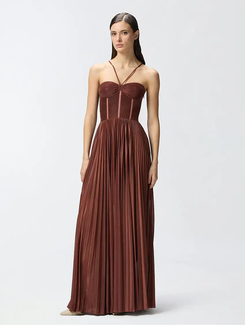 Abito Lungo in Jersey Plissé Cannella