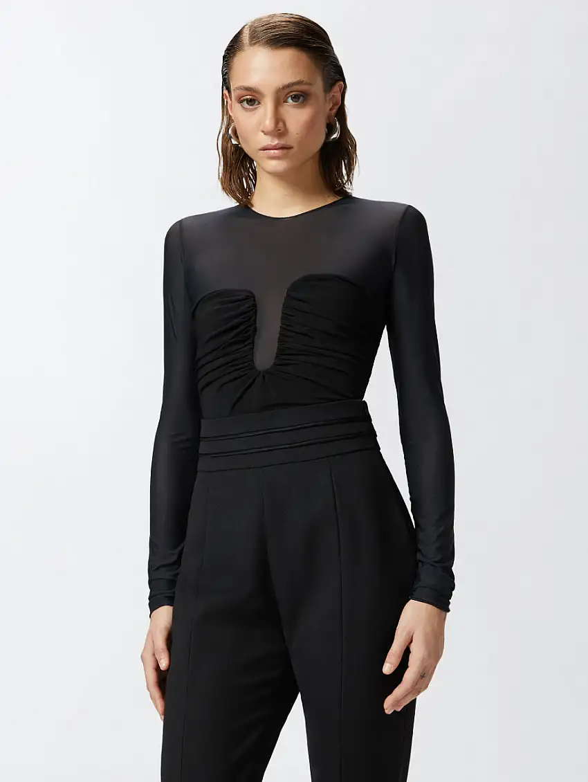 Body con Parte Superiore Semitrasparente Nero