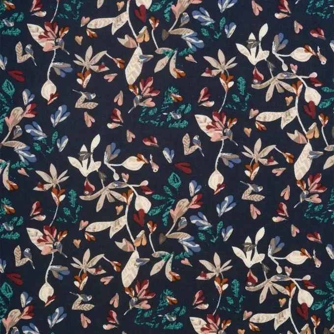 Tessuto viscosa uccello e fiore multicolore