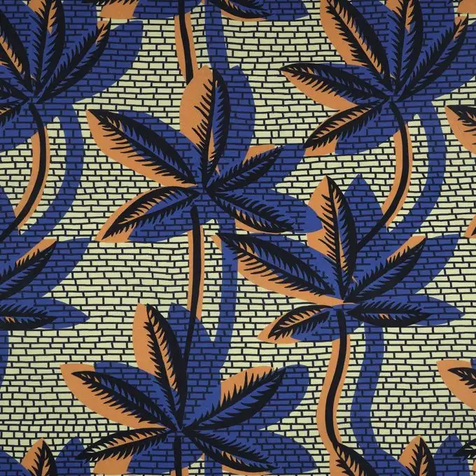 Tessuto cotone blu foglie wax