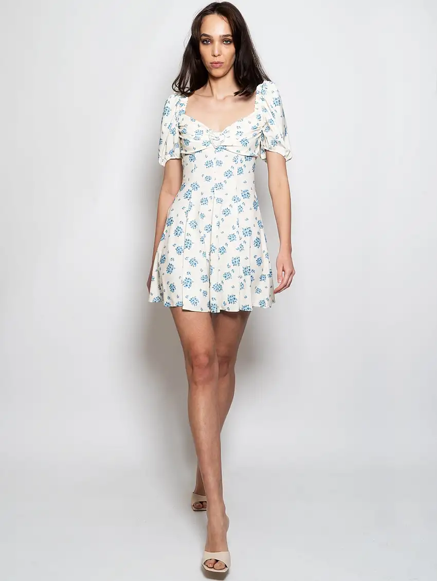 Abito Corto con Stampa Floreale Crema/Blu