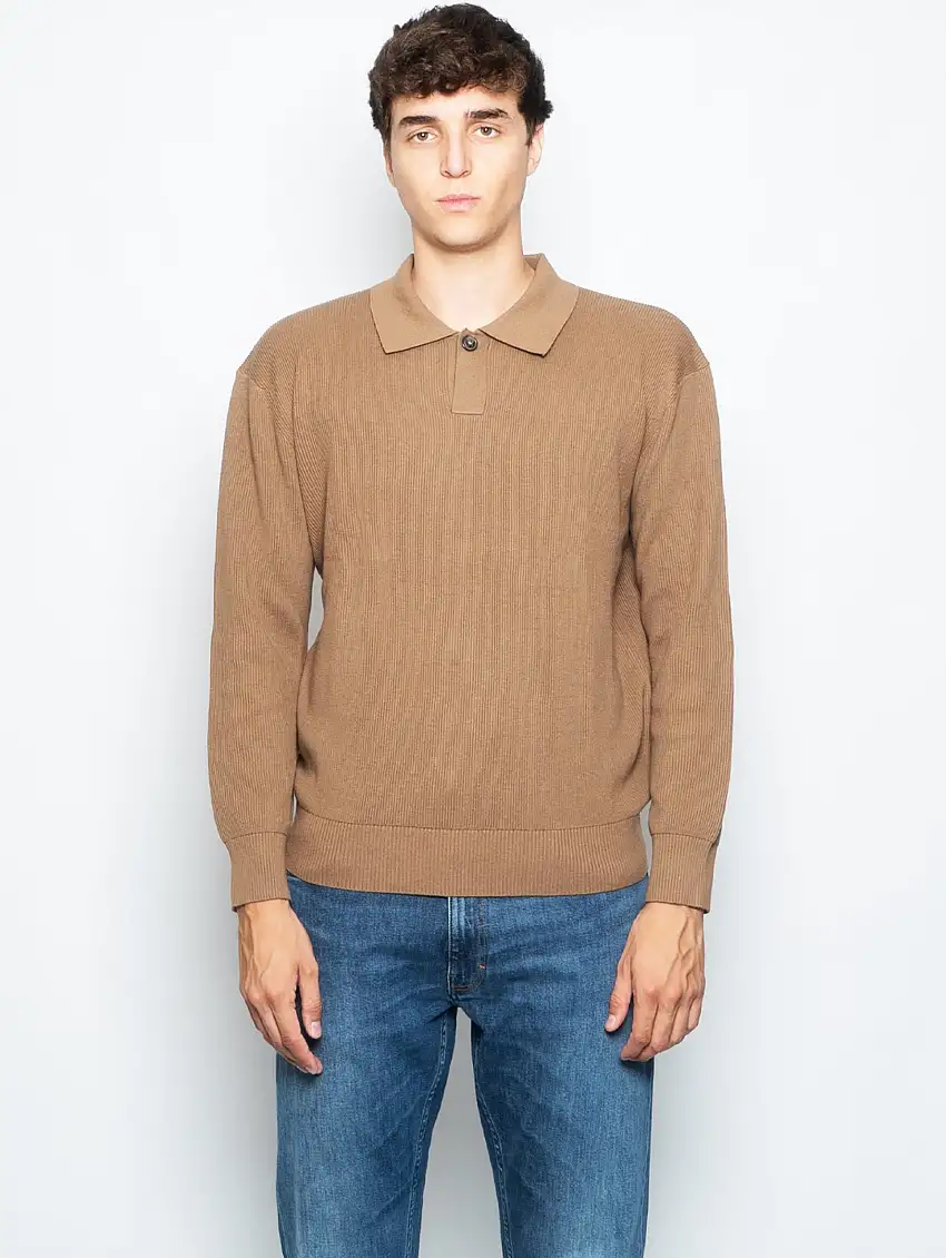 Polo Manica Lunga in Maglia a Coste Marrone