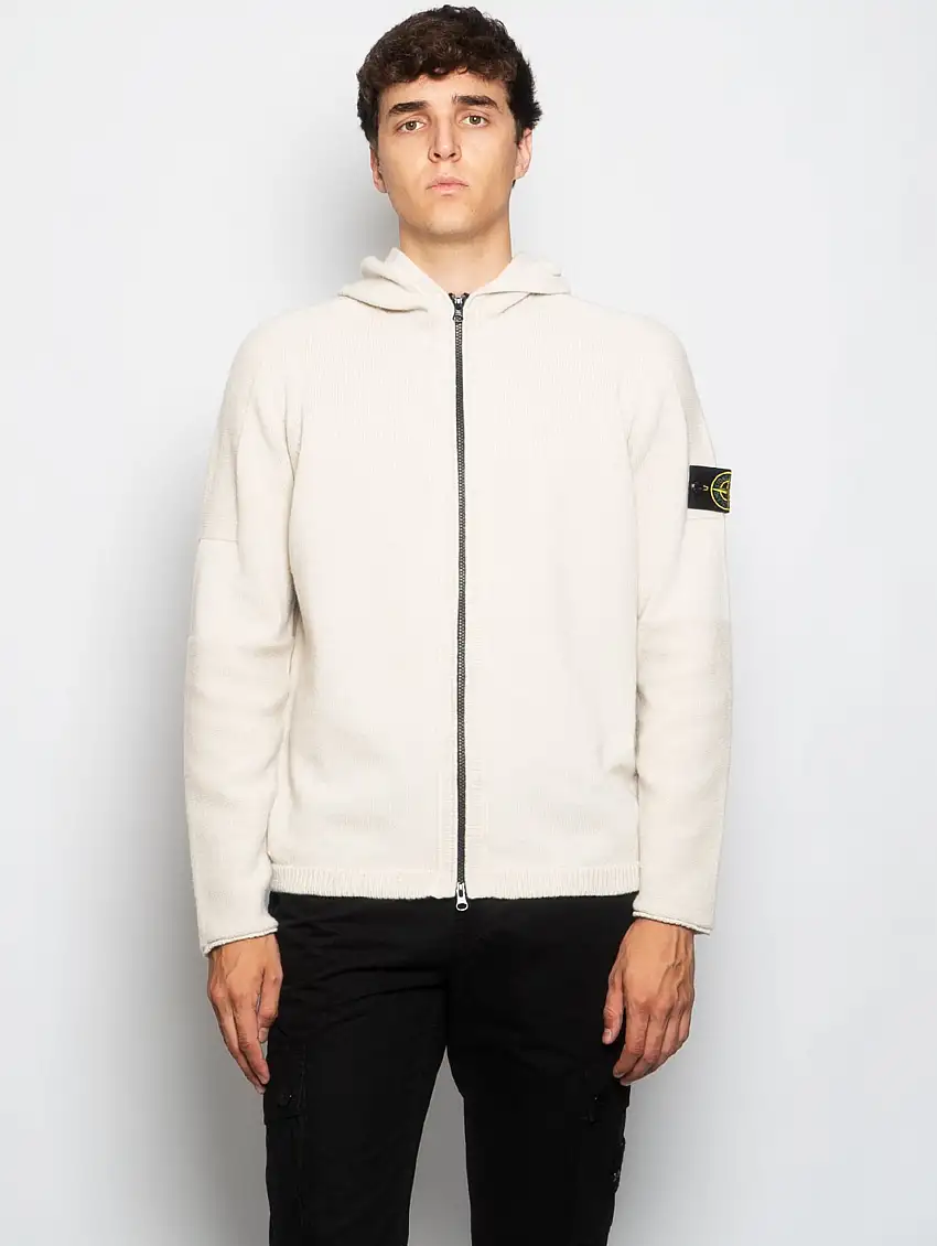 Cardigan in Maglia con Zip e Cappuccio Stucco