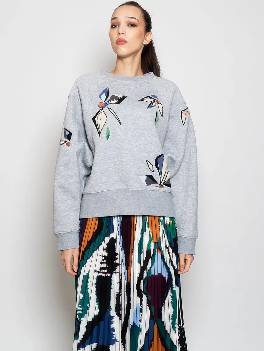 Felpa Over con Ricami Floreali Grigio