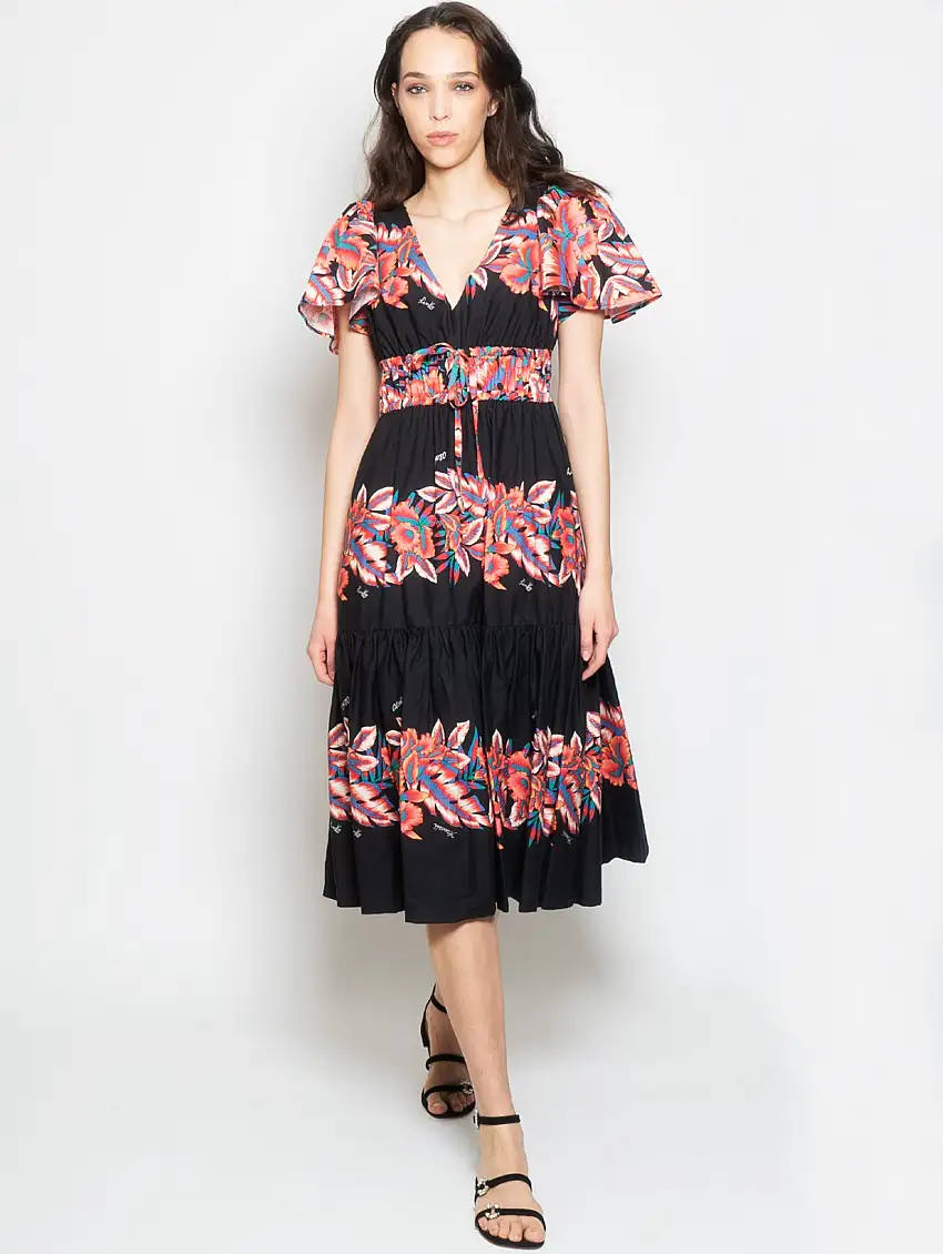 Abito Midi con Stampa Tropicale Nero/Rosso