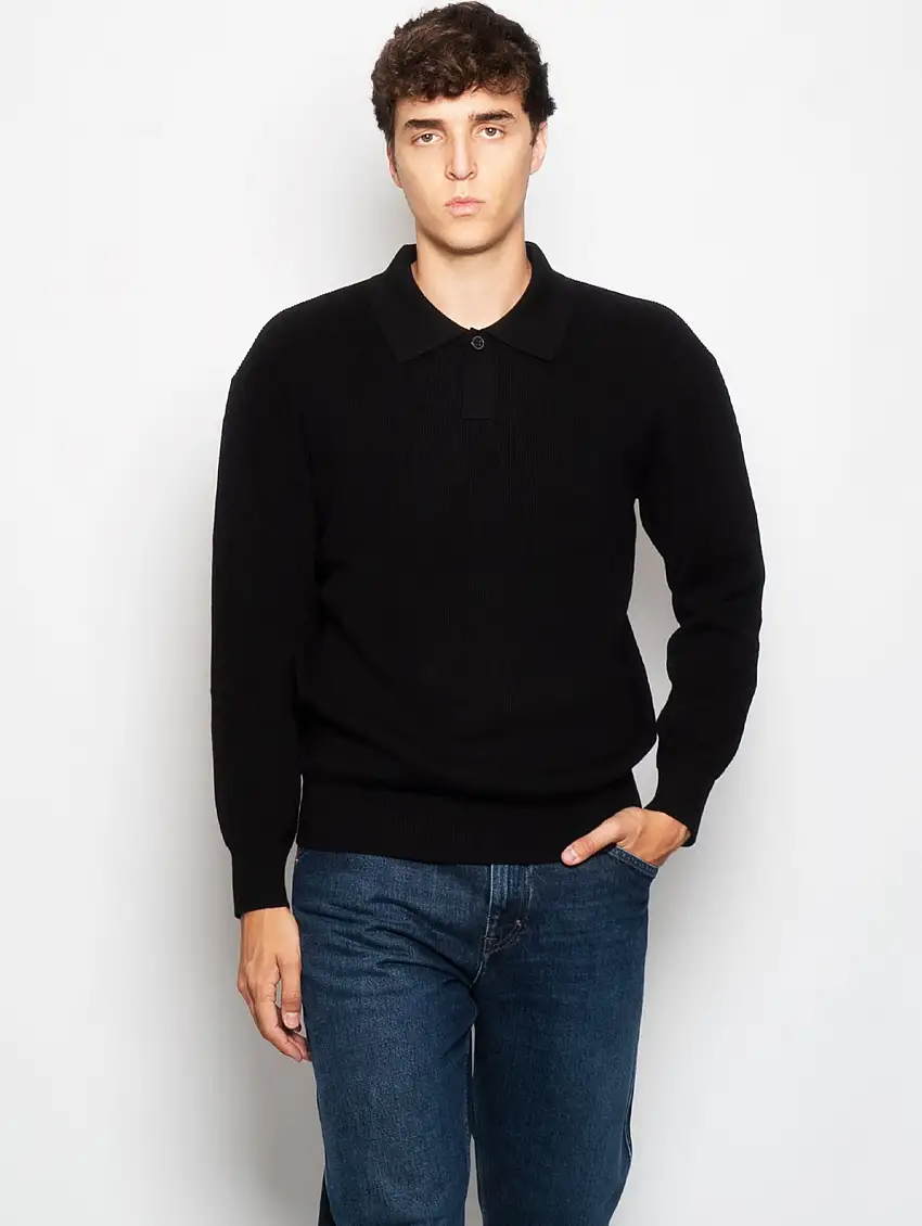 Polo Manica Lunga in Maglia a Coste Blu Navy