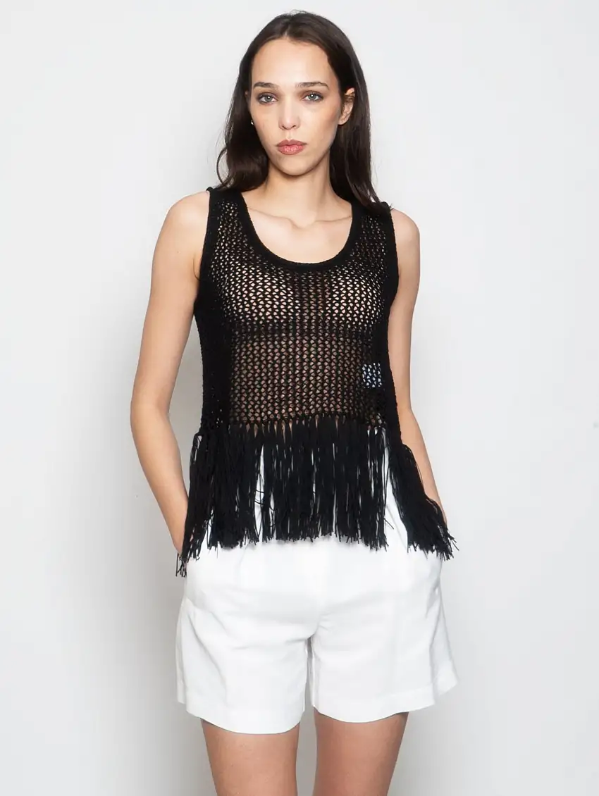Top in Maglia Crochet con Frange Nero