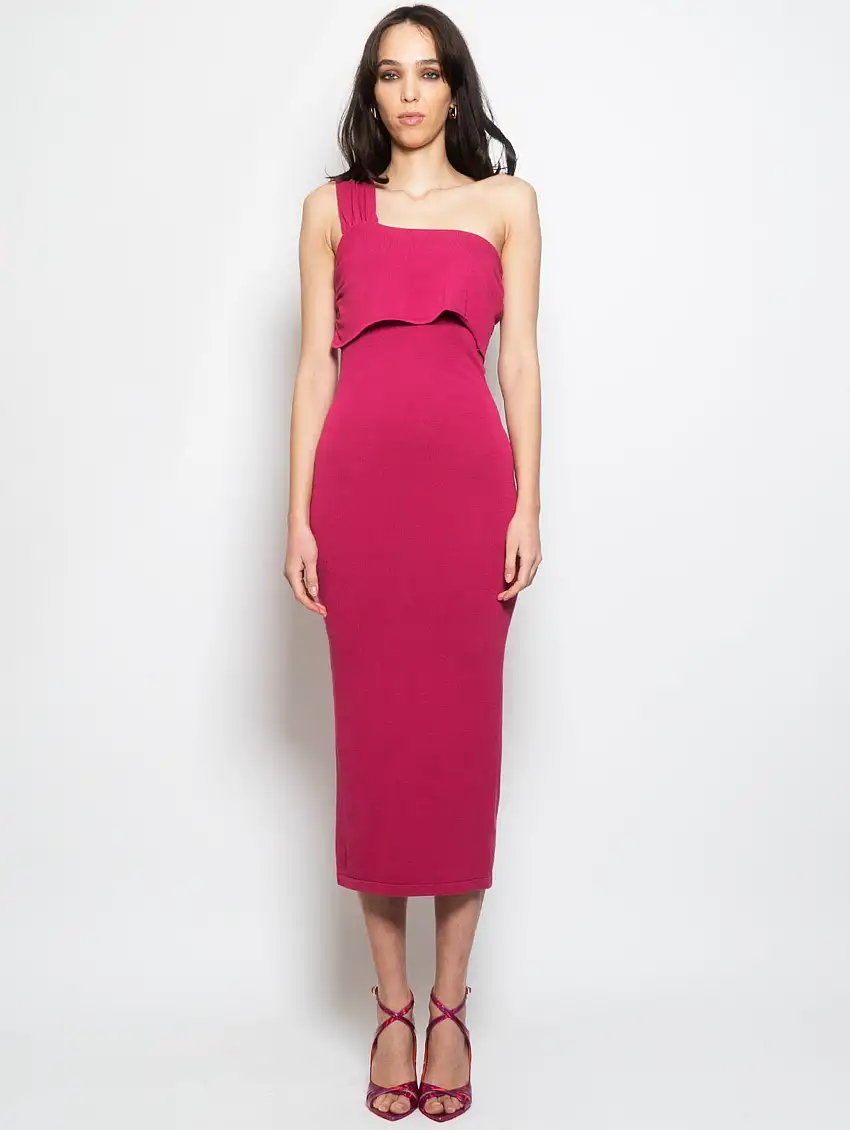 Abito Lungo in Maglia Mono Spalla Fucsia