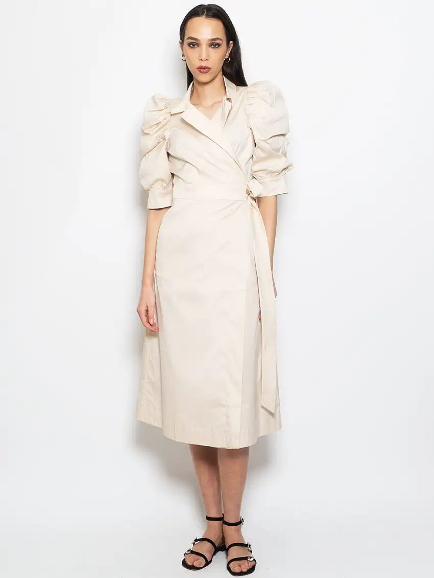 Abito Lungo con Maniche Corte a Sbuffo Beige