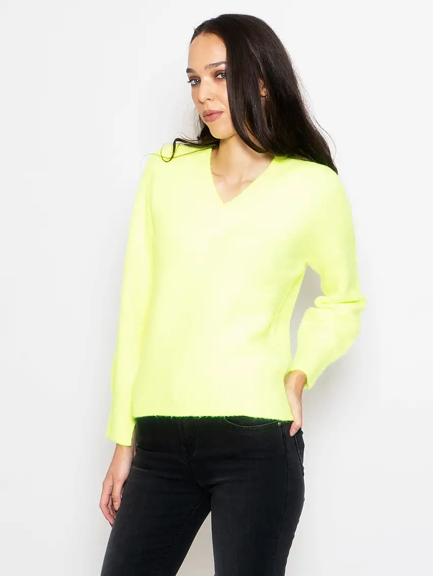 Maglia a V in Lana Seamless Giallo Fluo
