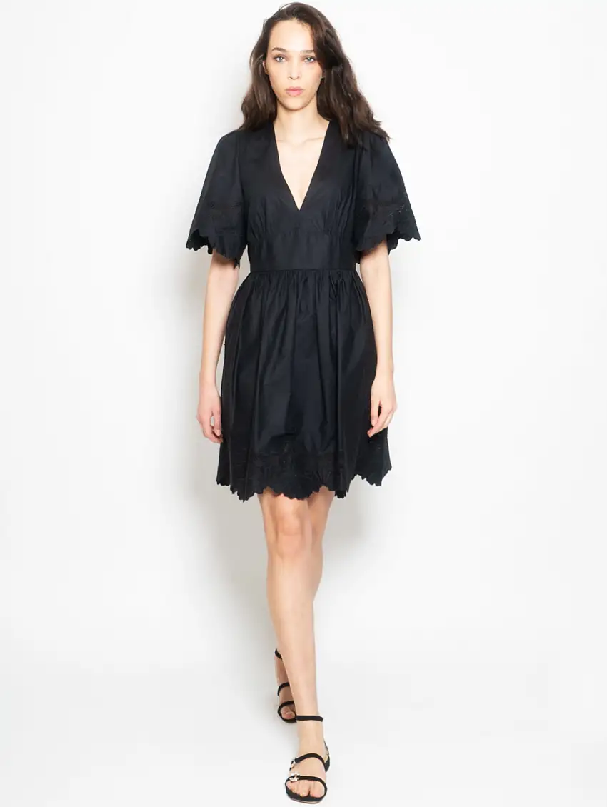 Abito Corto in Cotone con Ricami Nero