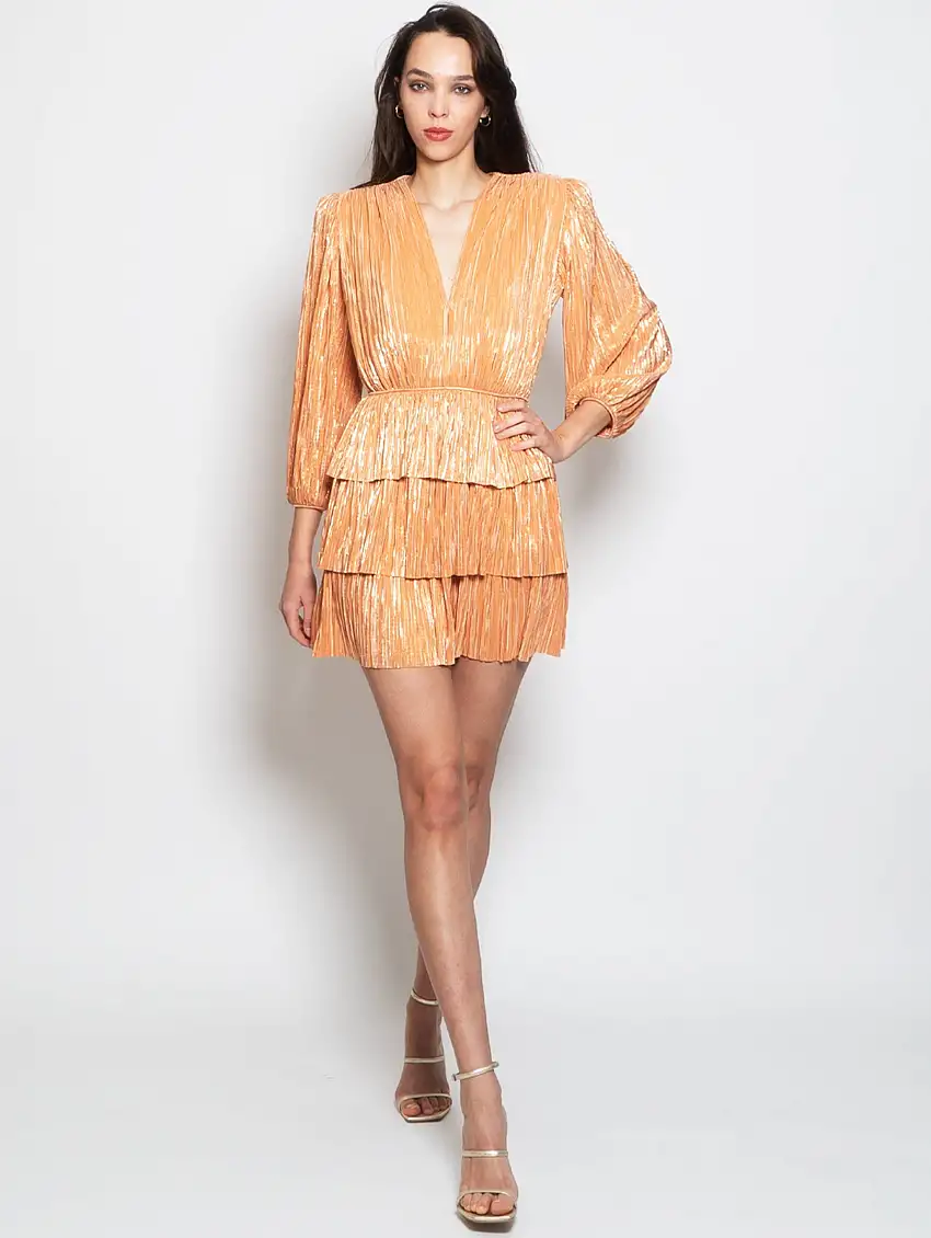 Abito Mini Maniche Corte con Balze Pesca
