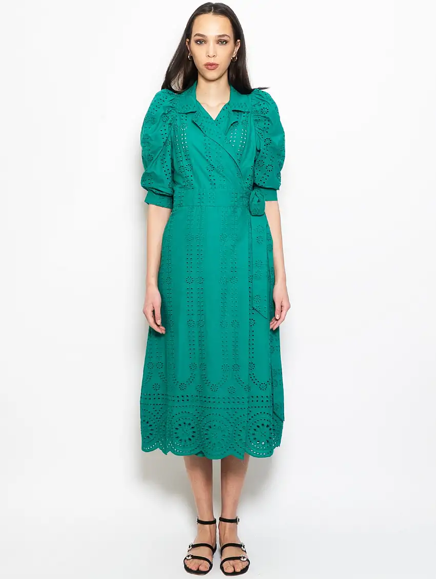 Abito Midi a Portafoglio con Ricami Verde