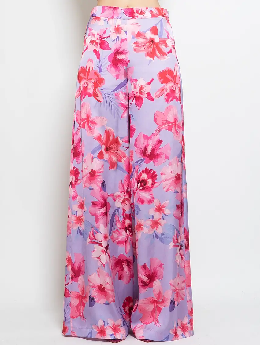 Pantaloni in Satin con Stampa Fiori Multicolor