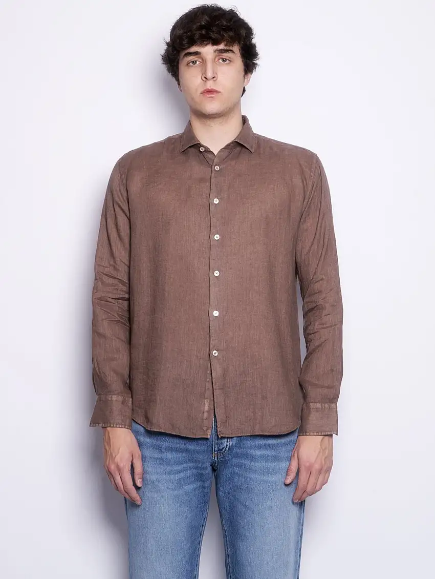 Camicia In Lino Tinta Unita Marrone