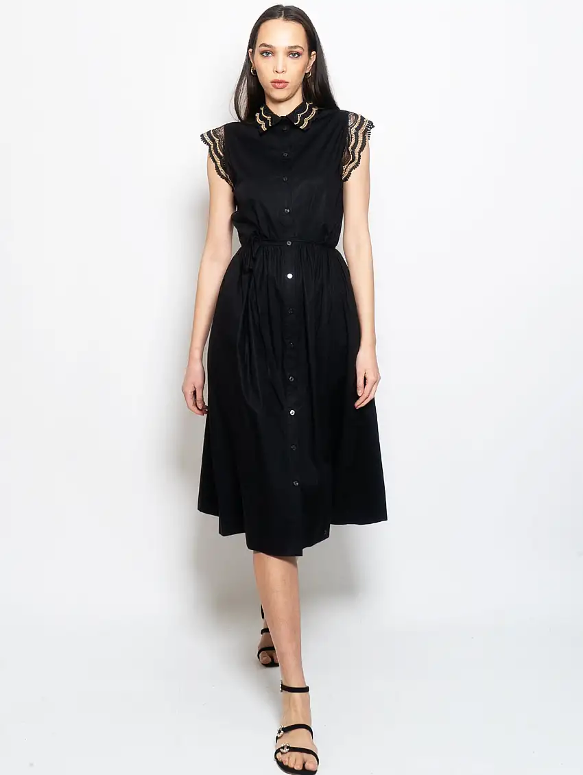 Abito Lungo con Bordo in Pizzo Nero/Beige