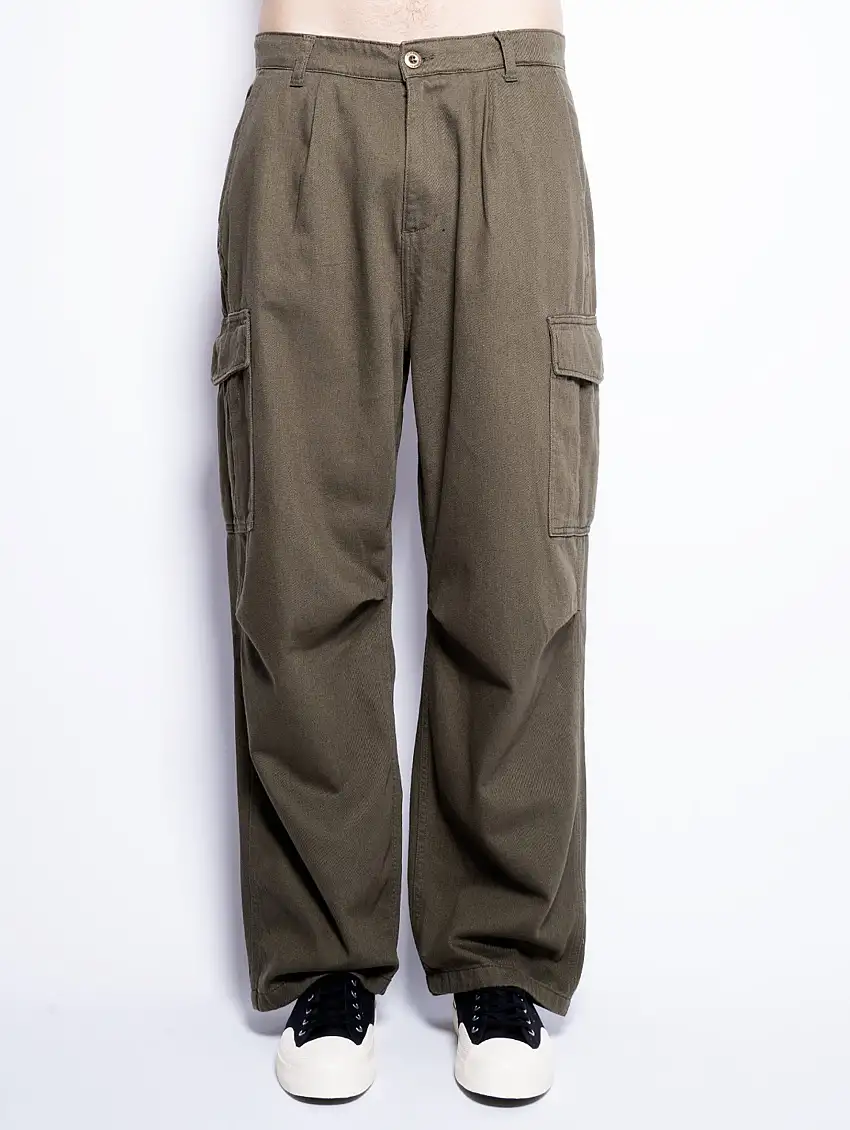 Pantaloni Cargo in Twill di Cotone con Pince Verde