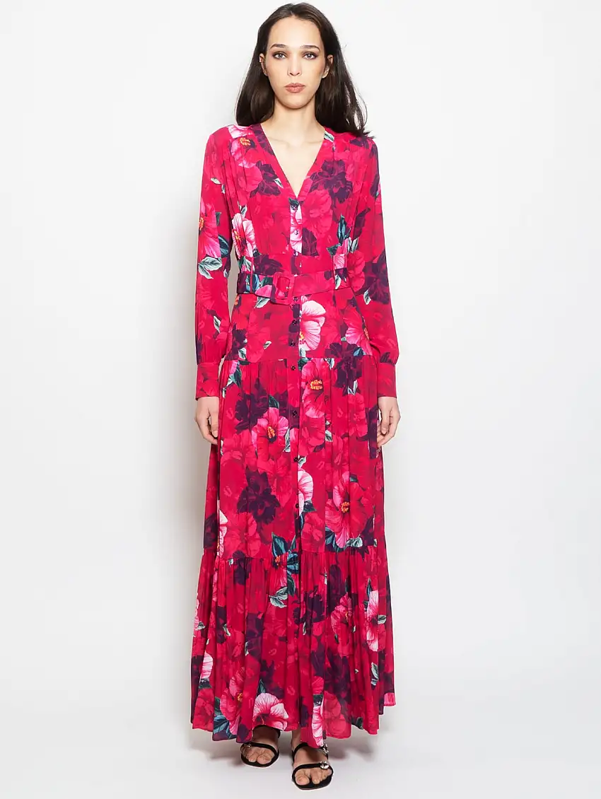 Abito Lungo con Stampa Floreale Fucsia