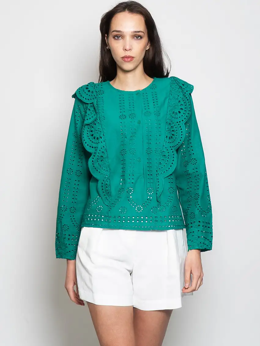 Blusa Girocollo in Cotone con Ricami Verde
