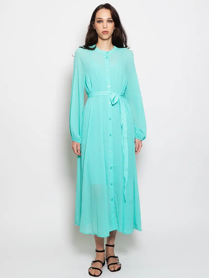 Abito Chemisier in Tessuto Goffrato Verde