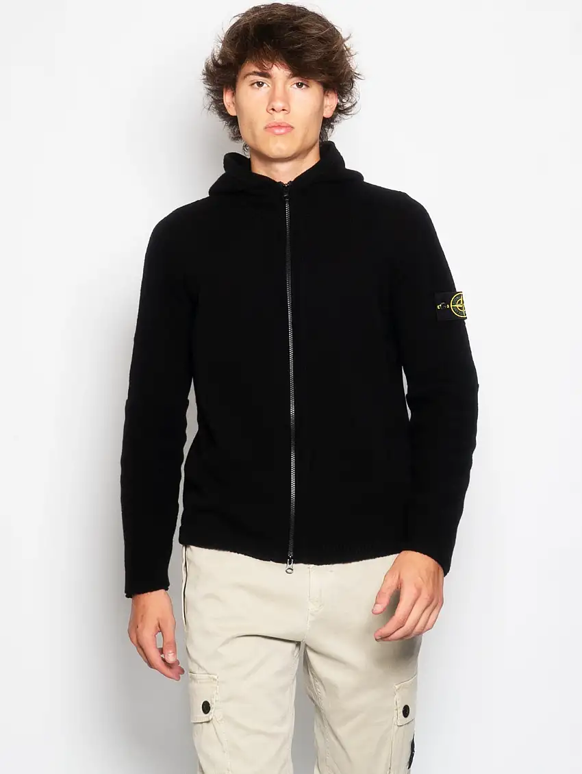 Cardigan in Maglia con Zip e Cappuccio Nero