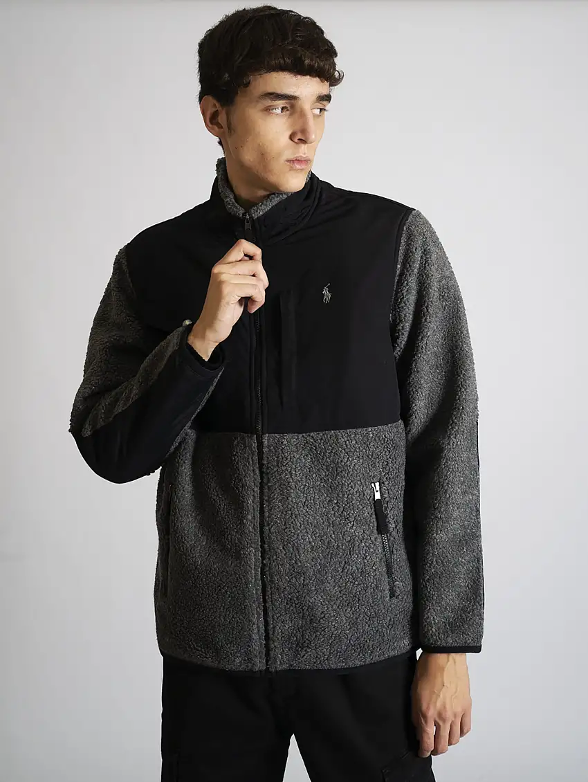 Felpa in Pile a Pelo Lungo Grigio/Nero