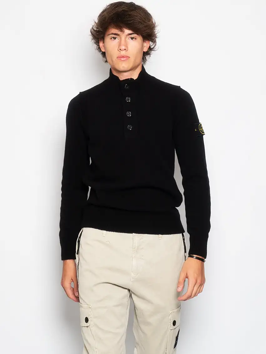 Maglia con Mezza Zip e Bottoni Nero