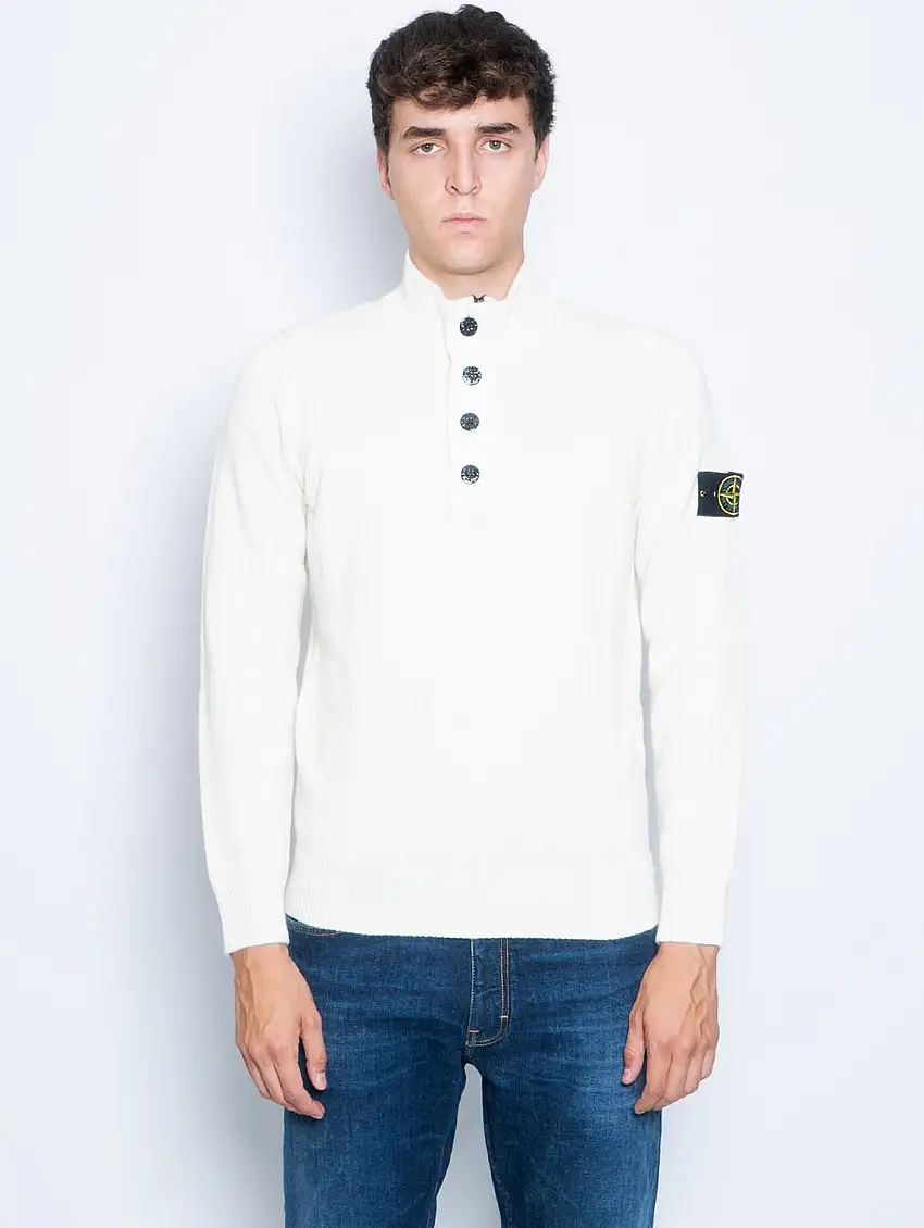 Maglia con Mezza Zip e Bottoni Bianco