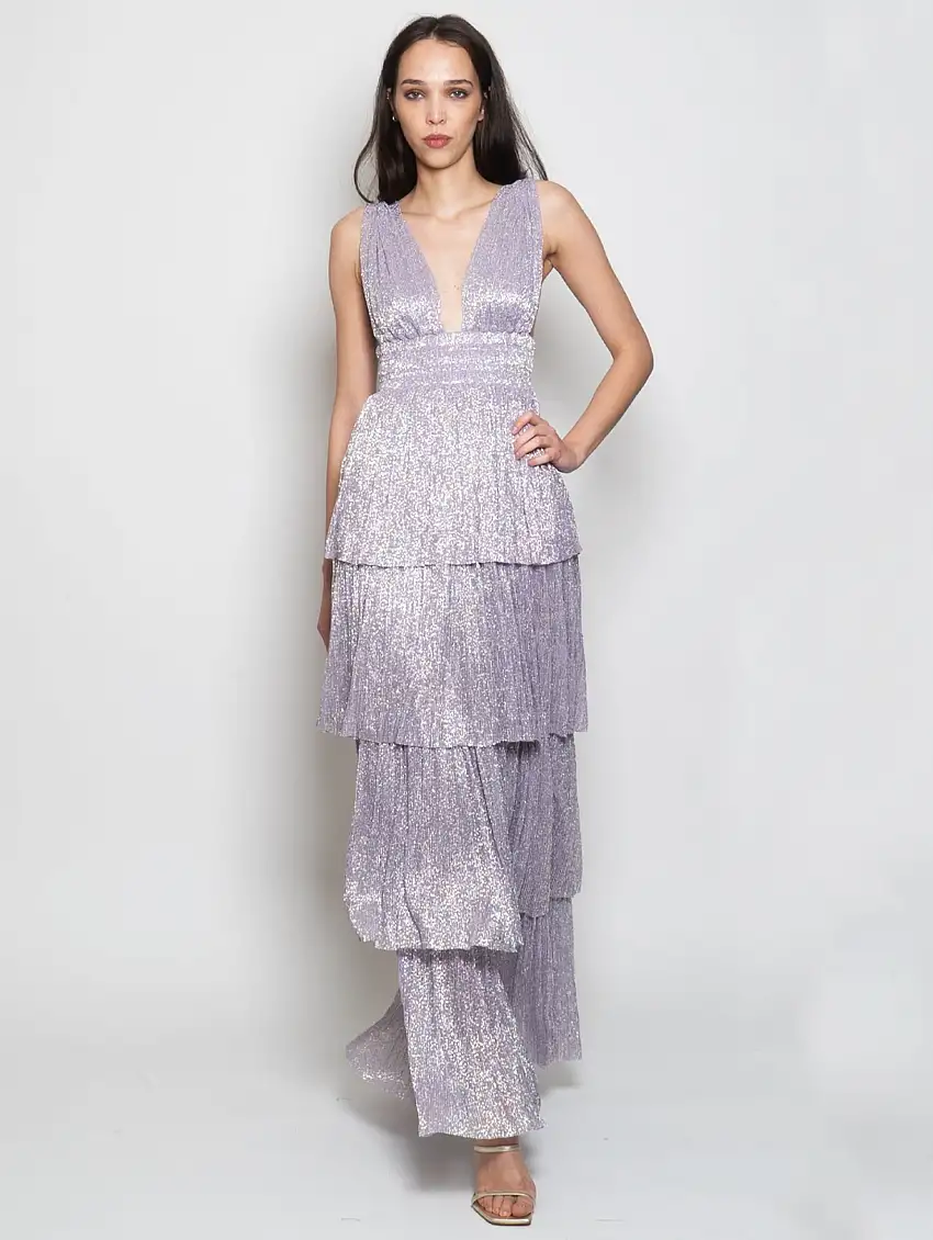 Abito Lungo con Gonna a Balze Lilla