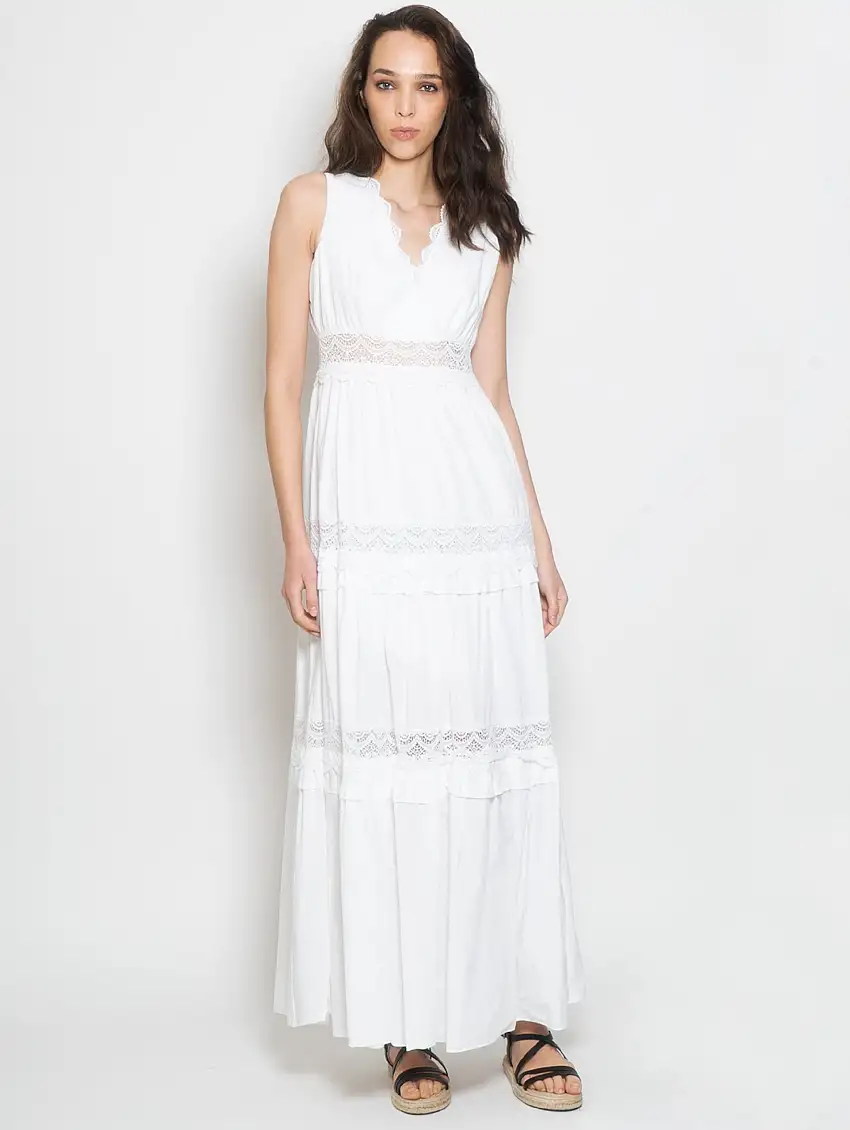 Abito Lungo con Pizzo Macramè Bianco