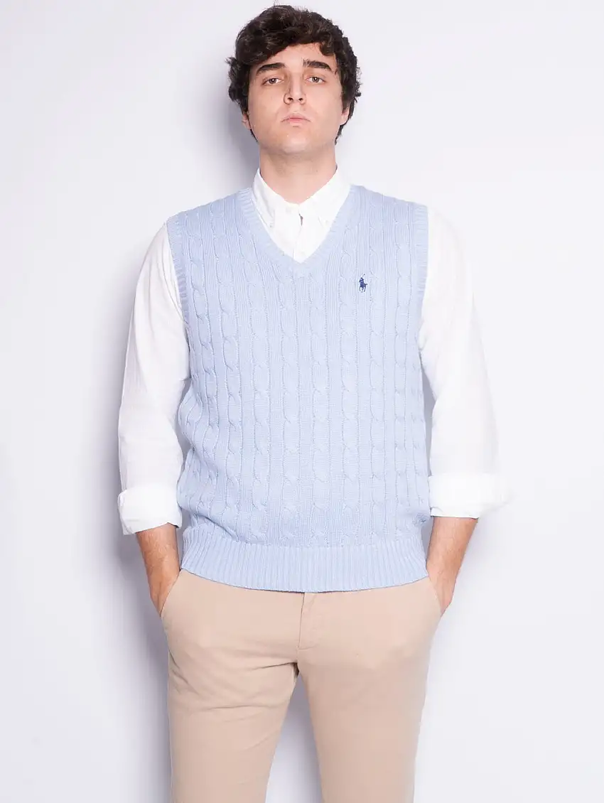 Gilet in Maglia a Trecce Celeste