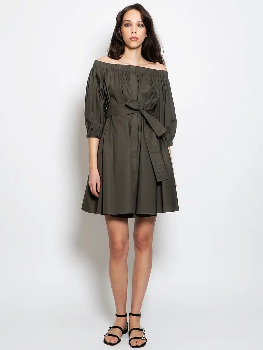 Abito Corto a Pieghe in Cotone Verde