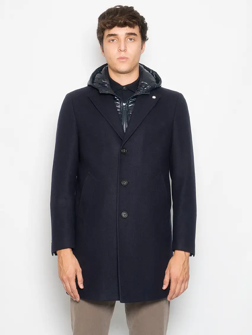 Cappotto con Pettorina e Cappuccio Staccabile Blu