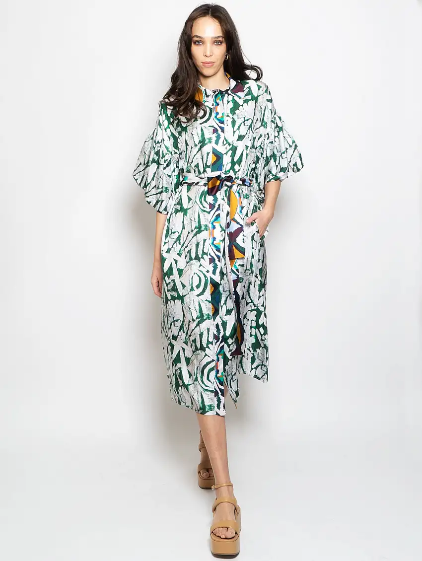 Abito Chemisier in Seta con Maniche a Sbuffo Verde