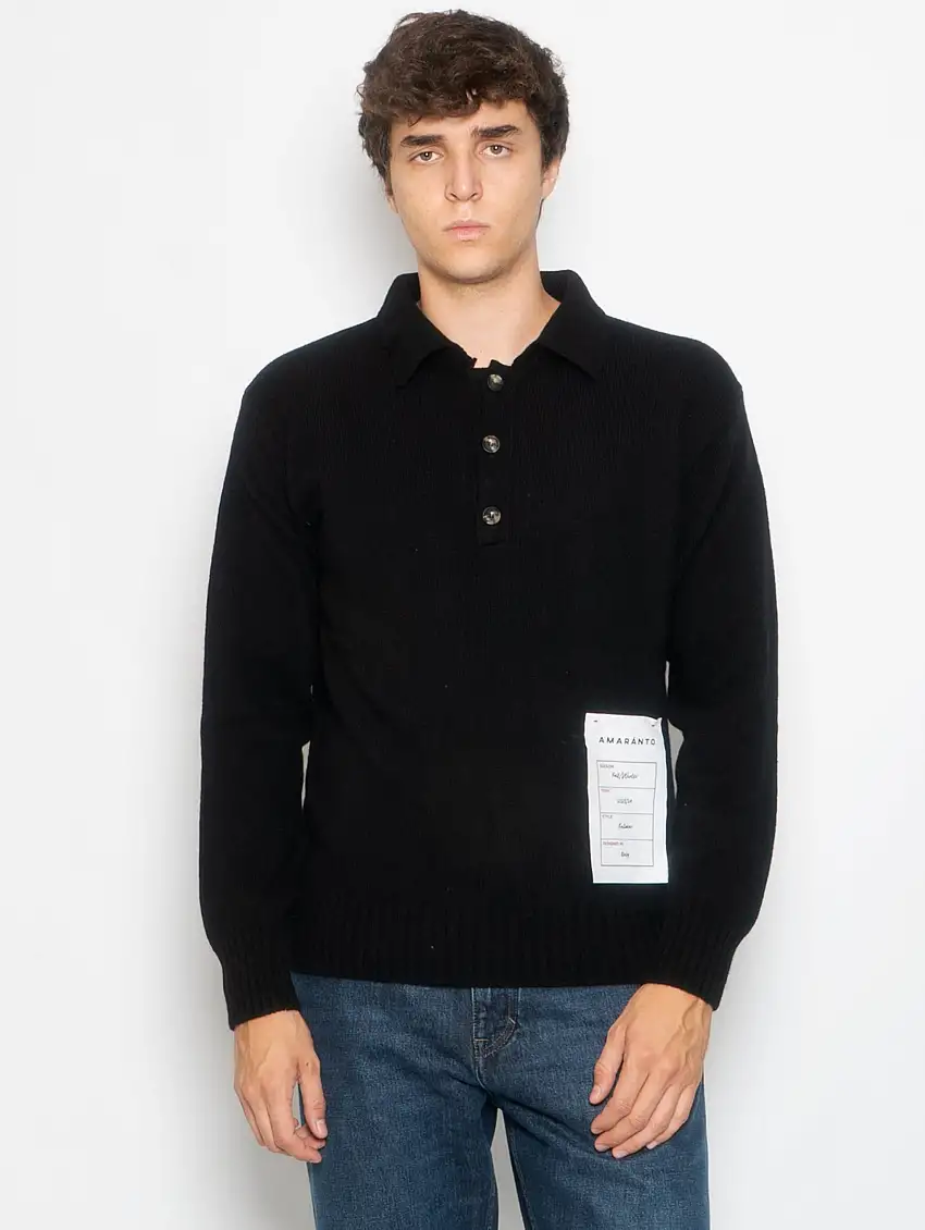 Polo Maniche Lunghe in Lana e Cashmere Nero