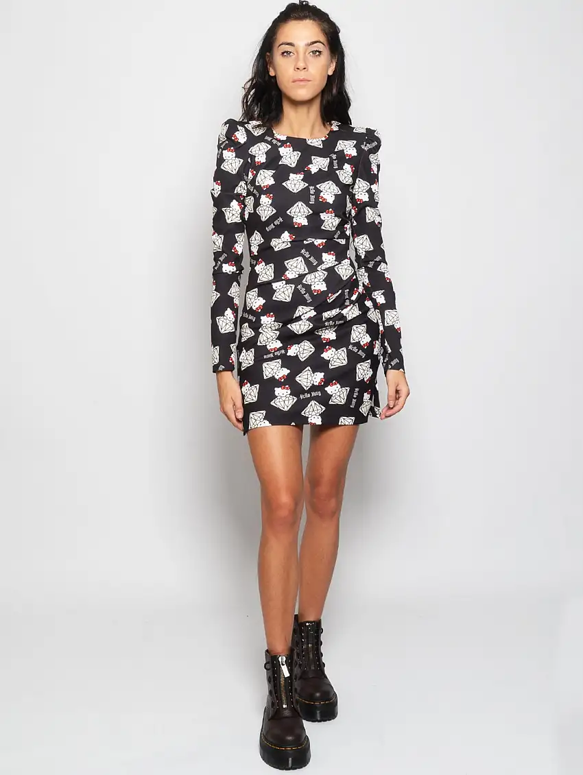 Abito con Arricciatura Stampa Kitty Nero