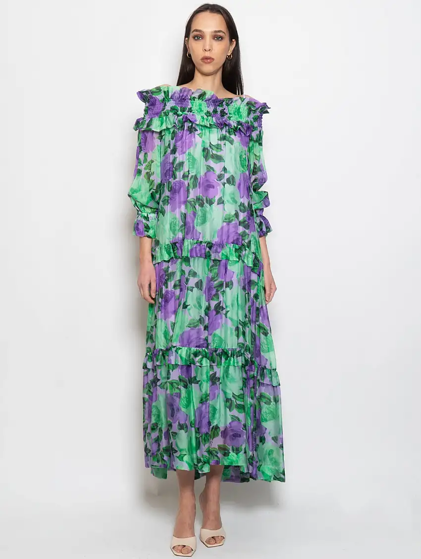 Abito in Seta Floreale Verde