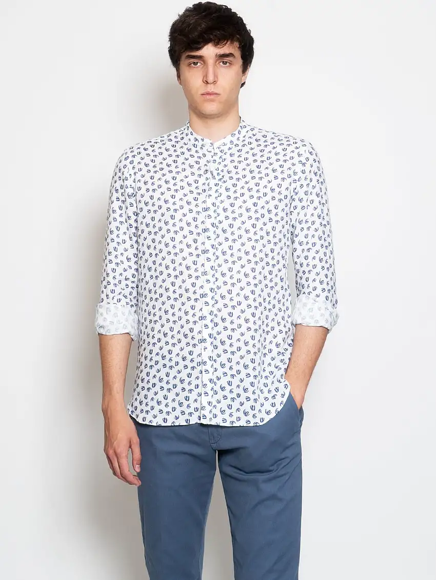Camicia Coreana in Lino Stampato Blu