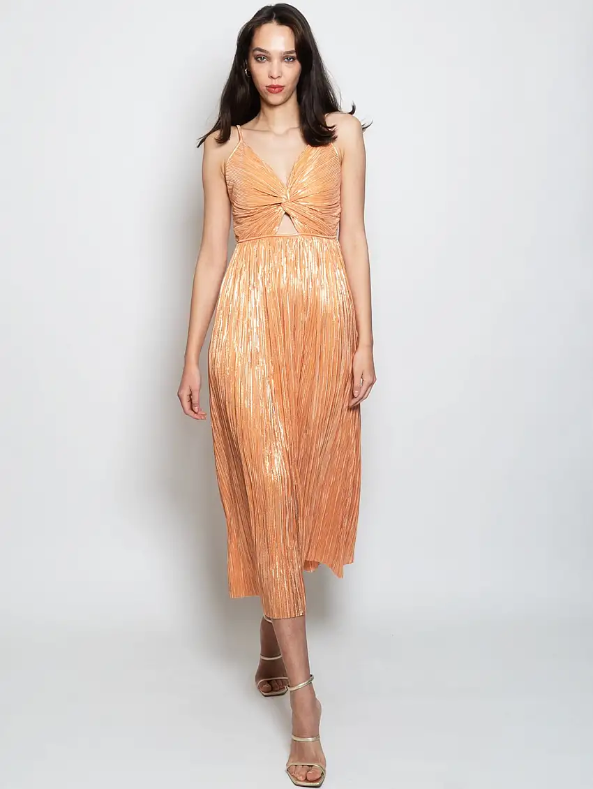 Abito Midi in Tessuto Plissé Pesca