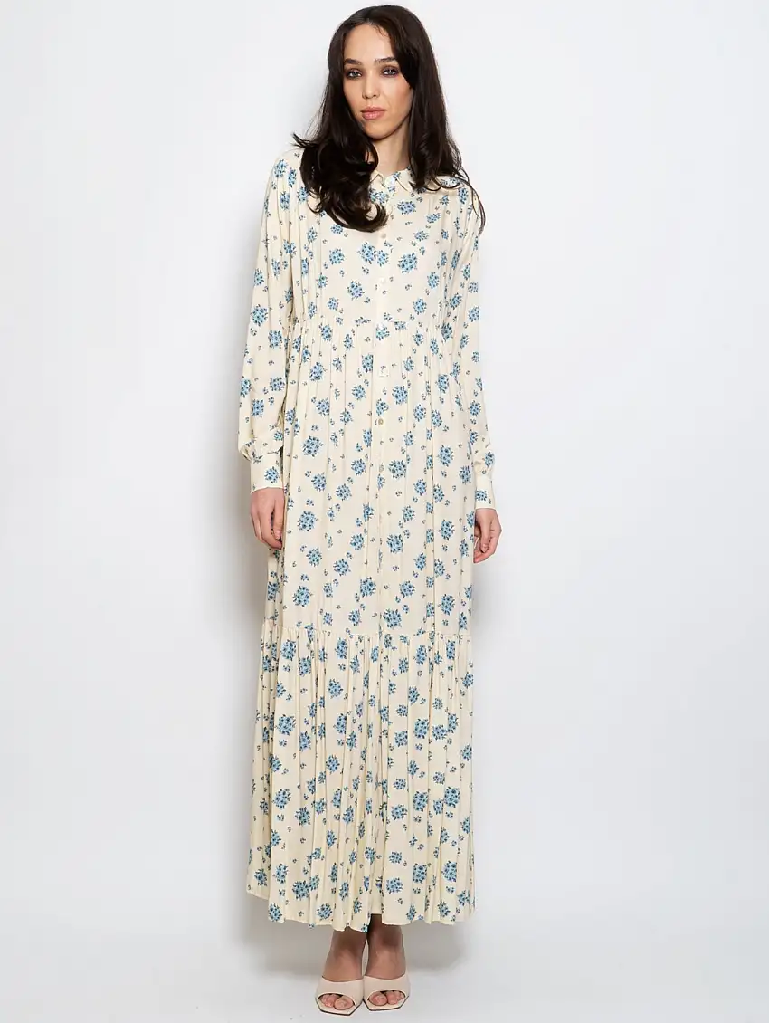 Abito Lungo Chemisier con Stampa Floreale Multicolor