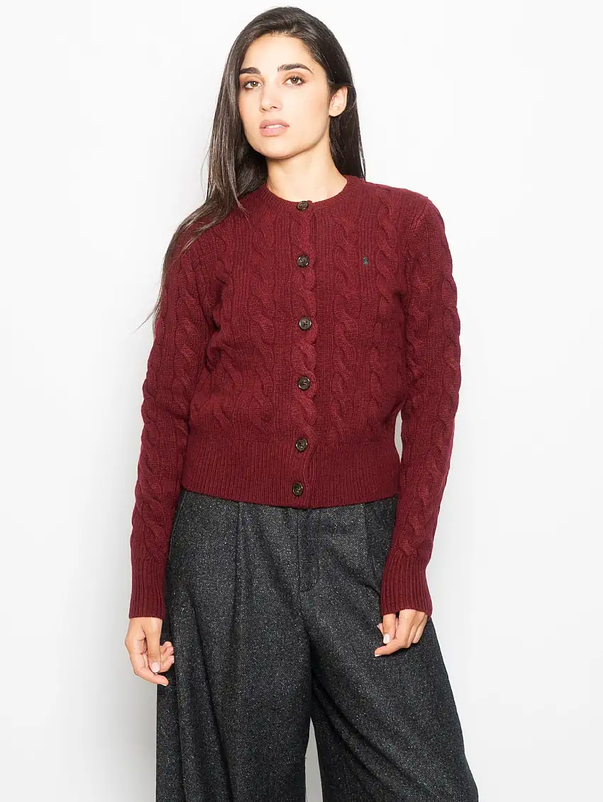 Cardigan a Trecce con Chiusura Smerlata Bordeaux
