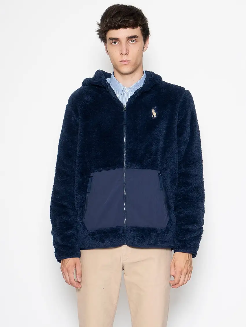 Felpa in Pile a Pelo Lungo con Cappuccio Navy
