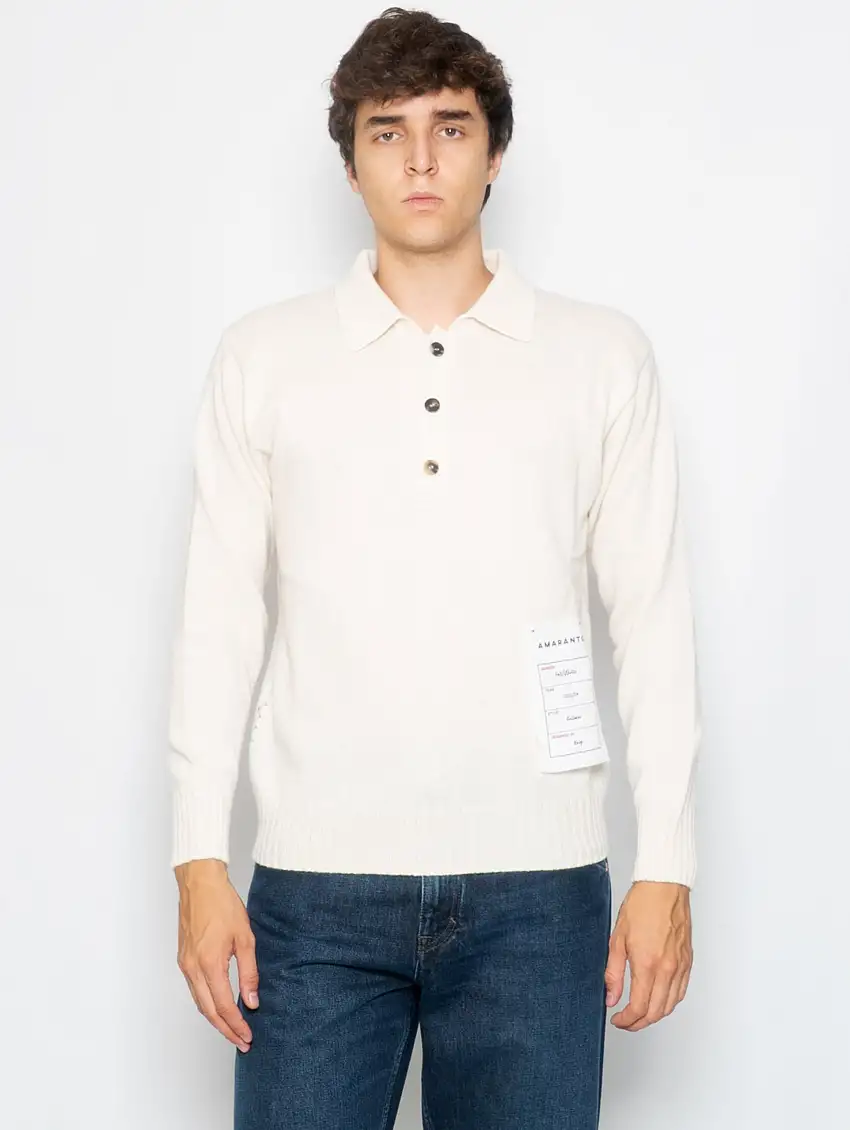 Polo Maniche Lunghe in Lana e Cashmere Panna