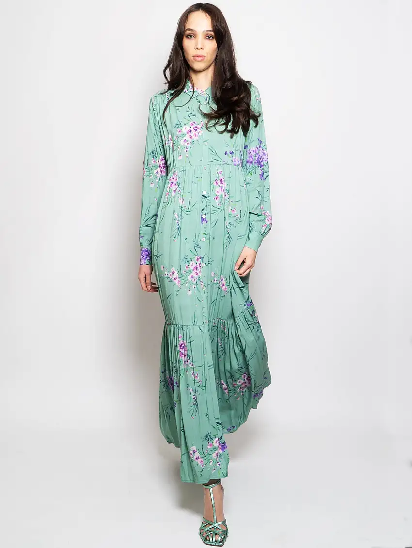 Abito Lungo Chemisier con Stampa Floreale Verde