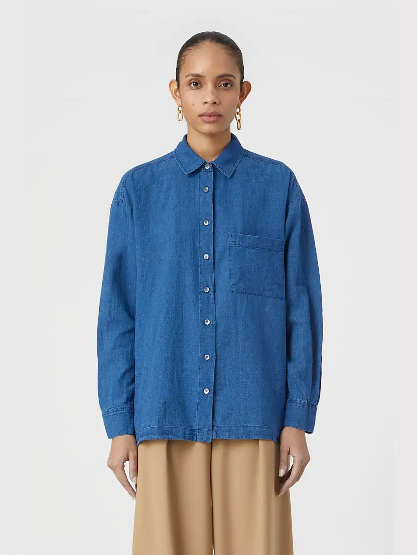 Camicia Relaxed Fit in Misto Lino Indaco
