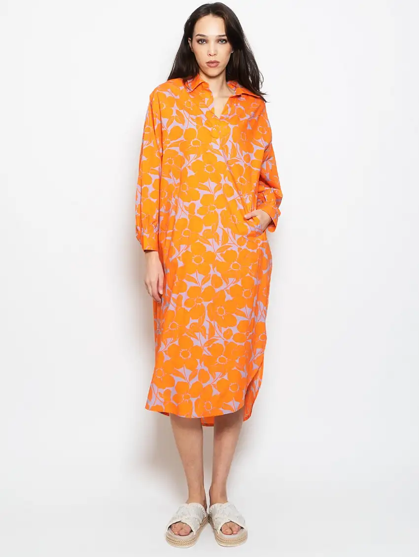 Abito con Stampa Floreale Arancione/Lilla