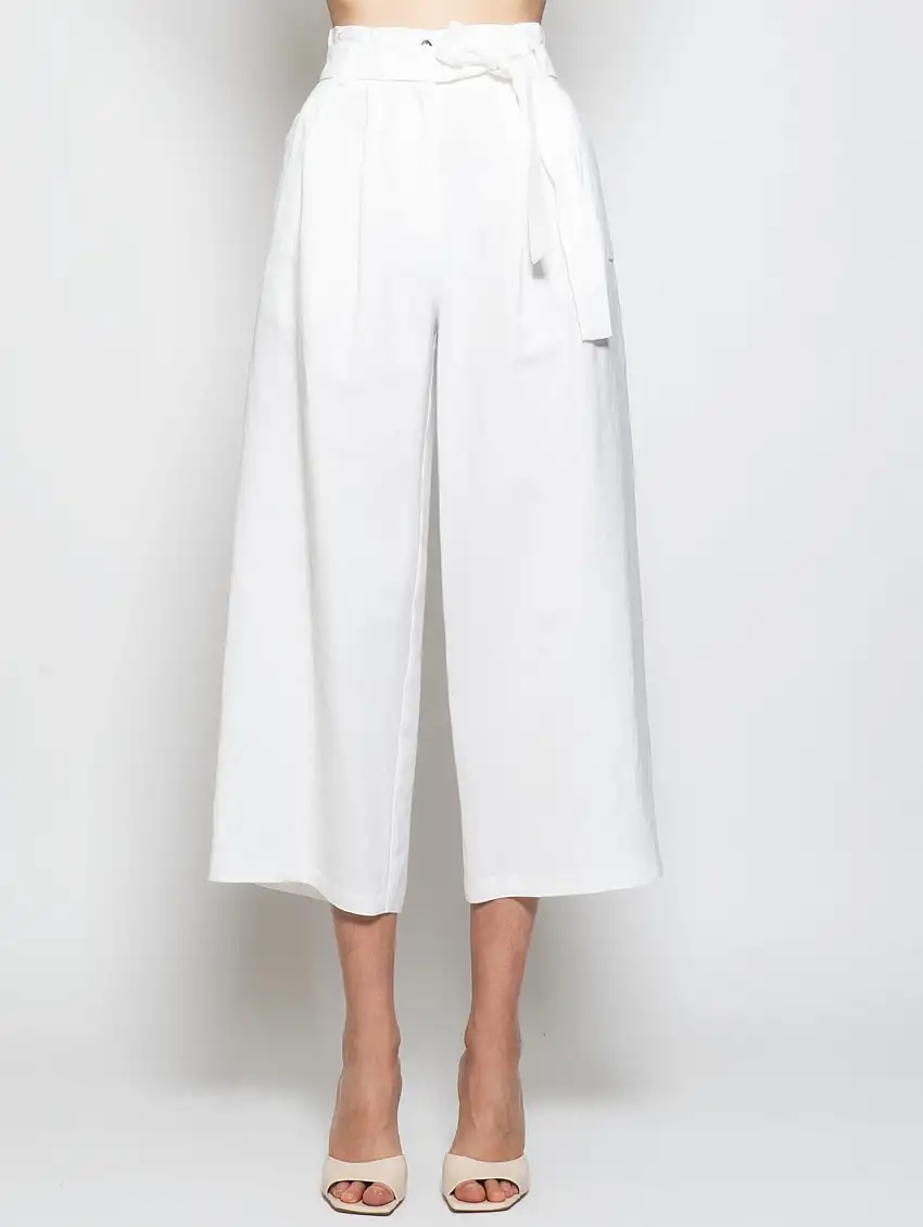 Pantaloni Cropped in Misto Lino Bianco