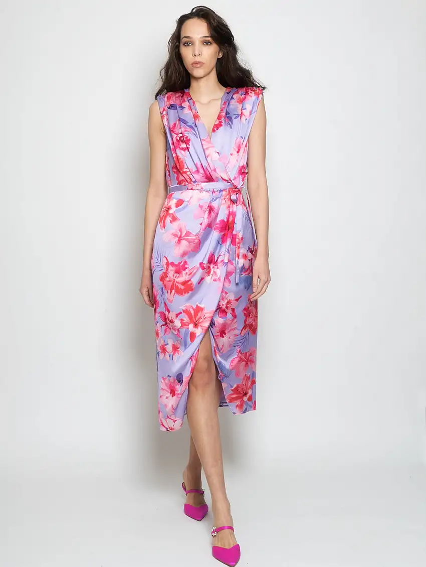 Abito in Satin con Stampa Fiori Tropicali Multicolor